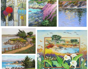 PACIFIC GROVE set 1 ~ six note cards from original paintings by Rhett R Owings California Coast, seascape, ice plant, calla lilies, lanterns