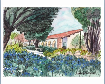 PAINTING ~ "Blue Flowers at Mission San Juan Bautista", original watercolor painting by Rhett R Owings, matted, signed