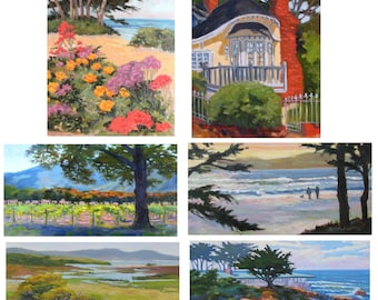 CARMEL set 3 ~ six note cards from original paintings by Rhett R Owings, California Coast, vineyard, Carmel Beach, art stationery