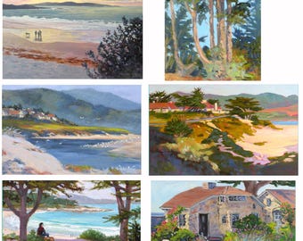 CARMEL set 2 ~ six note card set from original paintings by Rhett R Owings California coast Tor House beaches Carmel River art stationery