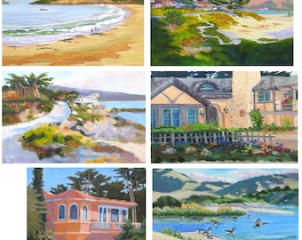 CARMEL set 1 ~ six note cards from original paintings by Rhett R Owings California coast Carmel houses geese ocean beaches art stationery
