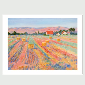 May include: A painting of a rural landscape with a white farmhouse and red roof, surrounded by a field of hay bales. The field is a vibrant mix of pink, blue, and green hues, creating a colorful and picturesque scene.