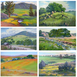 CALIFORNIA FOOTHILLS SPRING ~ 6 note card set from original paintings by Rhett R Owings, oak trees, wildflowers, landscapes, art stationery