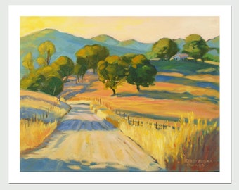 May include: A painting of a dirt road winding through a field of tall grass with a line of trees and hills in the background. The sky is a pale blue with a hint of orange in the distance. The painting is signed "Riett Ragina Owings".