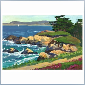 PAINTING ~ "A Fine Day to Sail", original gouache painting by Rhett Regina Owings, signed, matted, Pacific Grove, Monterey Bay, California