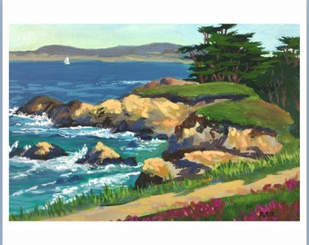 PAINTING ~ "A Fine Day to Sail", original gouache painting by Rhett Regina Owings, signed, matted, Pacific Grove, Monterey Bay, California