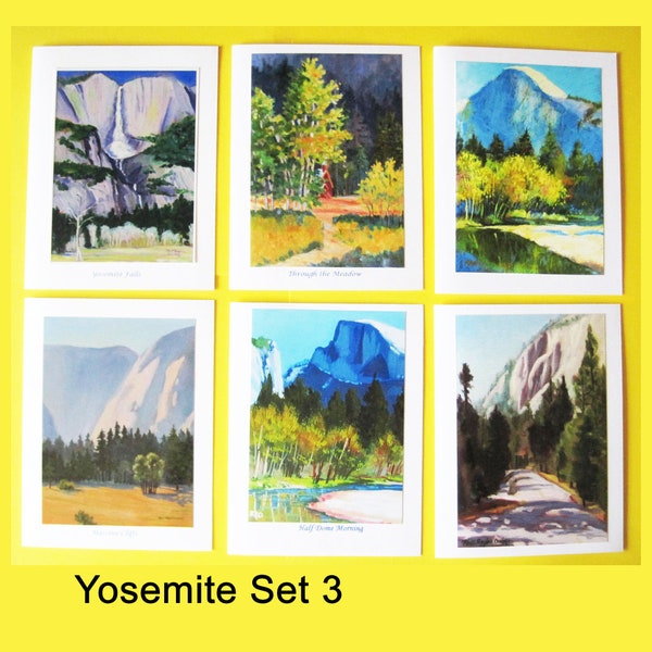 YOSEMITE Set 3 note cards from six paintings by Rhett R Owings - gift - stationery California art Half Dome