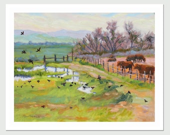PRINT "Evening Bath",   8x10 print from original oil painting by Rhett Regina Owings, farm/ranch scene, Central California, signed