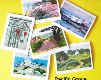 PACIFIC GROVE set 3 ~ six note cards from original paintings by Rhett R Owings, California Coast, seascapes, ice plant, light house, ocean