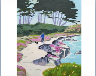 PAINTING ~ "Walking Along the Edge", gouache painting by Rhett Regina Owings, signed, matted, California Monterey coast, Pacific Grove