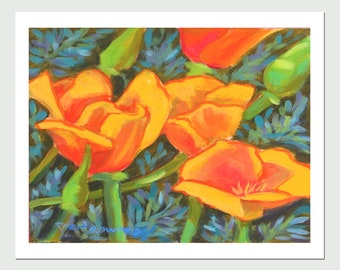 Op de afbeelding: Een close-up van een schilderij van oranje en gele California-papavers met groene stelen en blauw gebladerte.