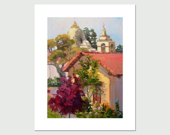 PRINT "Mission Towers",  8x10 print from original oil painting, by Rhett Regina Owings, Carmel Mission,  California, signed