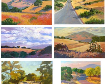 CALIFORNIA FOOTHILLS SUMMER Set #1 ~ six note cards from original paintings by Rhett R Owings,  landscapes, art stationery, blank card set