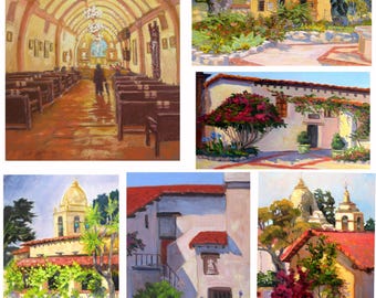 CARMEL MISSION set of 6 note cards from original paintings by Rhett R Owings ~ California history, building, gardens, art, stationery