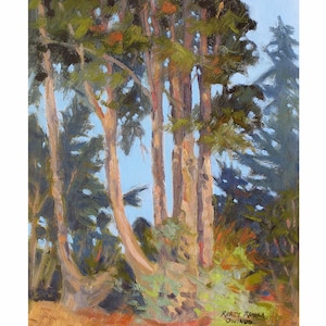 Op de afbeelding: Een olieverfschilderij toont een groep hoge bomen met lichtbruine stammen en groene bladeren. Het kunstwerk heeft een textuurrijke, impressionistische stijl, met zichtbare penseelstreken. De lucht is lichtblauw en de grond is een mix van groen en bruin.