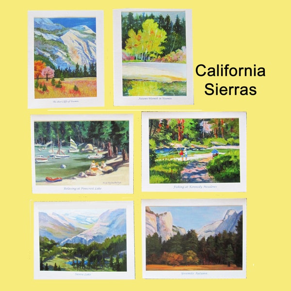 CALIFORNIA SIERRAS 6 Note Card Set from original paintings by Rhett R Owings, Yosemite, Pinecrest, Kennedy Meadows,  gift, stationery