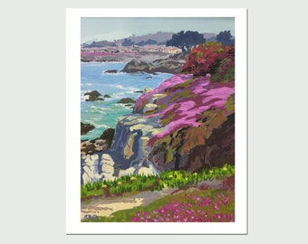 8x10 PRINT "Rosea Draped Pacific Grove Cliffs", by Rhett Regina Owings, from an original gouache painting, Pacific Grove, CA, signed