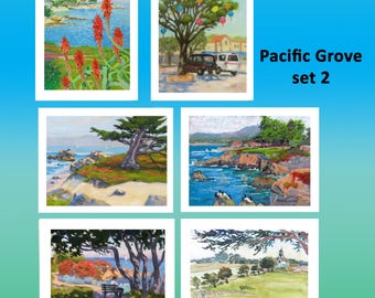 PACIFIC GROVE set #2, 6 note cards from original paintings by Rhett R Owings, CA coast, seascapes, ice plant, cypress trees, lighthouse
