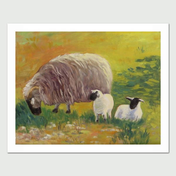 8x10 PRINT "Ewe with Lambs", by Rhett Regina Owings, from an original oil painting,  sheep, Mission Ranch, Carmel, California, signed