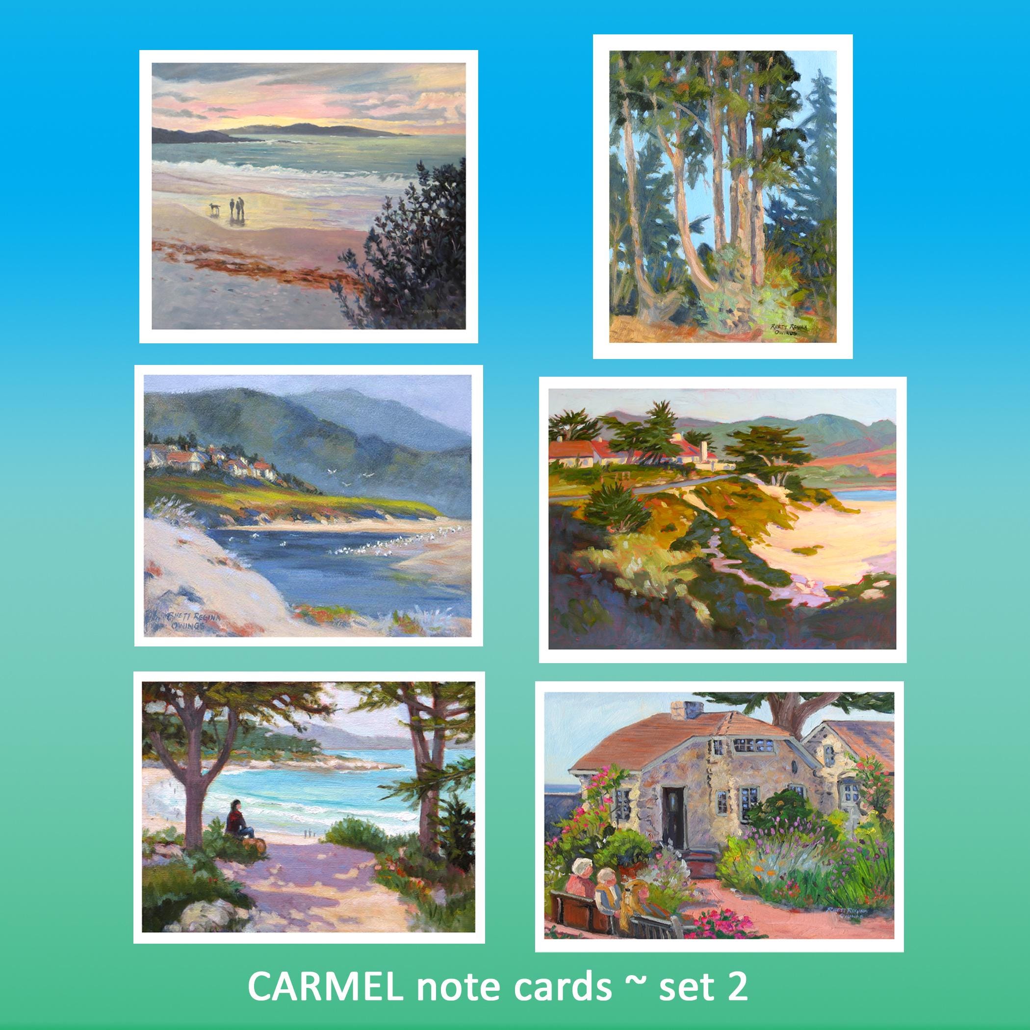 CARMEL set 2 ~ six note card set from original paintings by Rhett R Owings California coast Tor House beaches Carmel River art stationery
