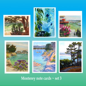 MONTEREY CALIFORNIA SET 3 ~ six note card from original paintings by Rhett R Owings, sail boats, Fisherman's Wharf, aquarium, beach