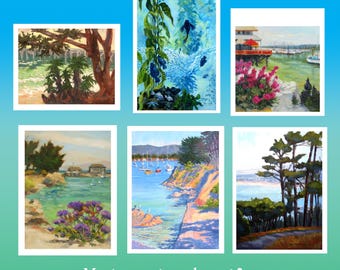MONTEREY CALIFORNIA SET 3 ~ six note card from original paintings by Rhett R Owings, sail boats, Fisherman&#39;s Wharf, aquarium, beach