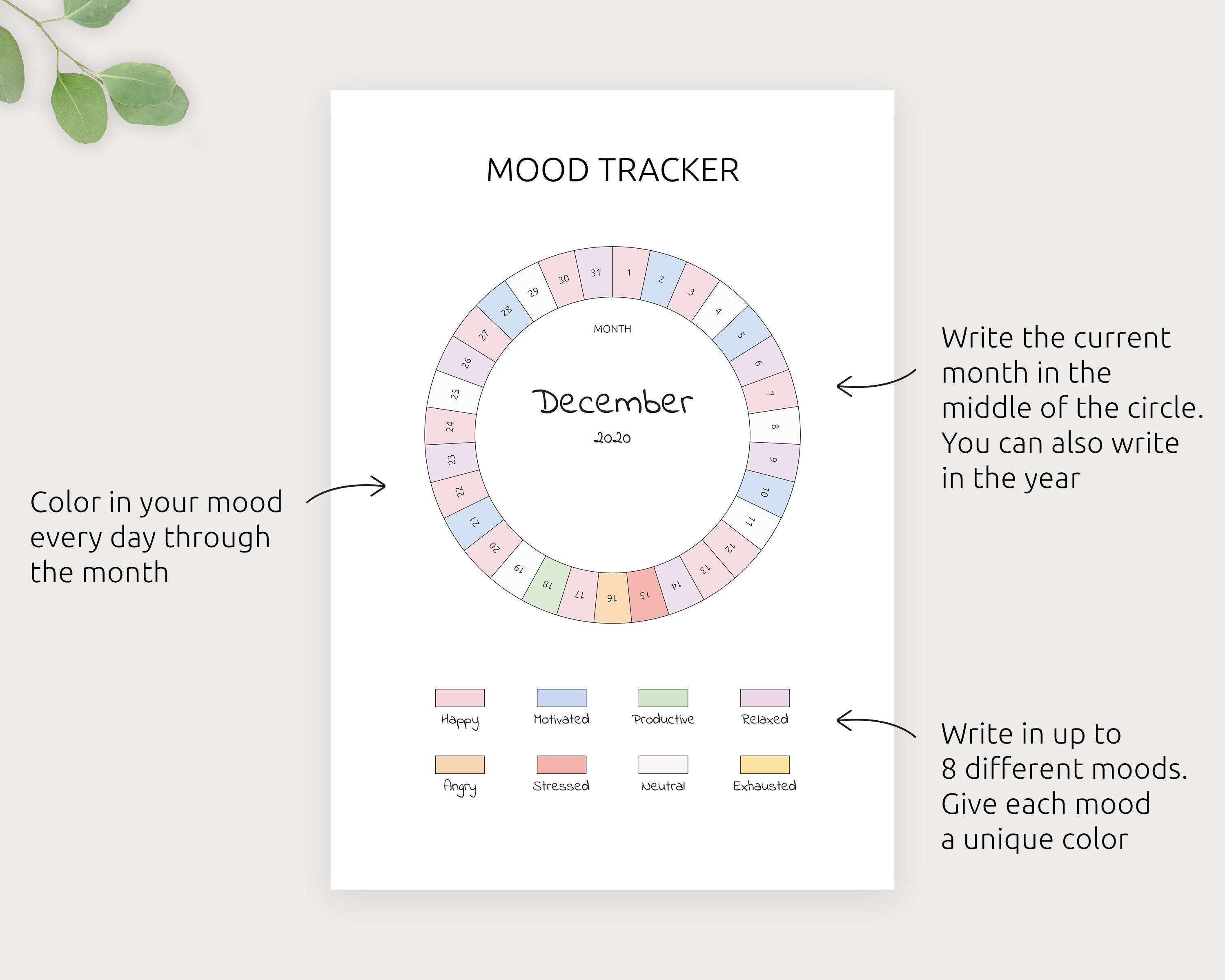 Mood Tracker Printable Monthly Mood Tracker Circular Mood | Etsy