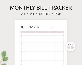 Monthly Bill Tracker Printable | Bill Tracker | Bill Log | Finance Planner | Bill Organizer | A4, A5, Letter | PDF | Instant Download