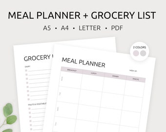 Meal Planner & Grocery List Printable | Food Shopping List | Groceries List Template | A5, A4, Letter | PDF | Instant Download