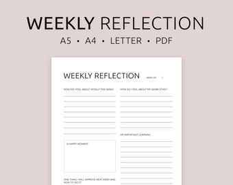 Weekly Reflection Sheet Printable | Weekly Review | Weekly Journal | Reflection Journal | A4, A5, & Letter | PDF | Instant Download