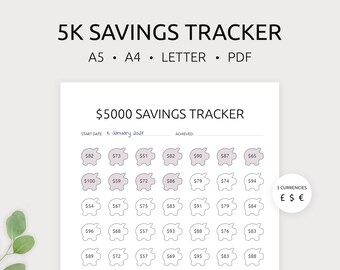 5k Savings Tracker Printable | 5K Money Savings Challenge | 5000 Emergency Fund | Money Challenge | A4, A5 & Letter | PDF | Instant Download