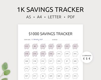 1k Savings Tracker Printable | 1K Savings Challenge | 1K Emergency Fund | 1000 Savings Log |A4, A5, & Letter | PDF | Instant Download