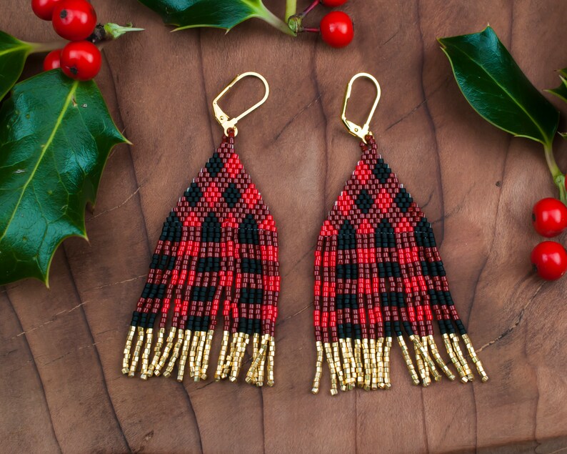 Beaded Plaid Earrings With Gold Highlights Native American image 0