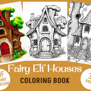 34 Fairy Tale Elf Houses Grayscale Coloring Book - Adults Kids Pages, Instant Download, Printable PDF File