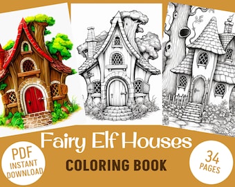 34 Fairy Tale Elf Houses Grayscale Coloring Book - Adults Kids Pages, Instant Download, Printable PDF File