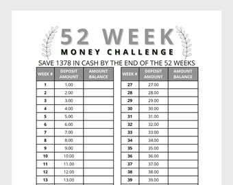 Save 1378 in 52 Weeks Money Challenge