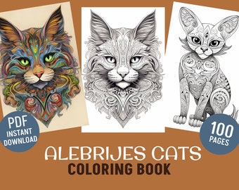 100 Mexican Alebrijes Cats Grayscale Coloring Book - Adults Coloring Pages, Instant Download, Printable PDF File