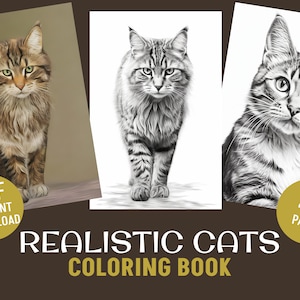47 Realistic Cats Grayscale Coloring Book - Adults Kids Coloring Pages, Instant Download, Printable PDF File