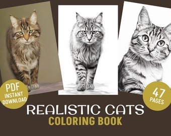 47 Realistic Cats Grayscale Coloring Book - Adults Kids Coloring Pages, Instant Download, Printable PDF File