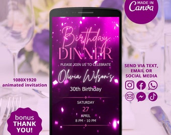 Birthday Celebration Invite - Neon Purple Dinner Party Digital Template