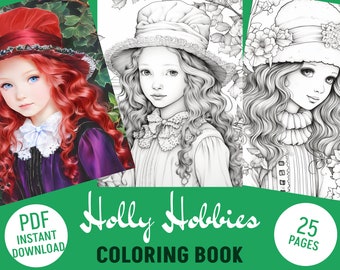 25 Holly Hobbies, Grayscale Portraits Coloring Book - Adults Kids Coloring Pages, Instant Download, Printable PDF File