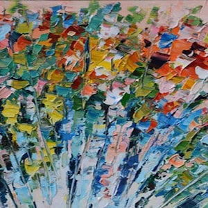 May include: Abstract painting of a bouquet of flowers in shades of blue, green, yellow, orange, pink, and red. The flowers are painted in a loose, expressive style, with thick brushstrokes and vibrant colors.