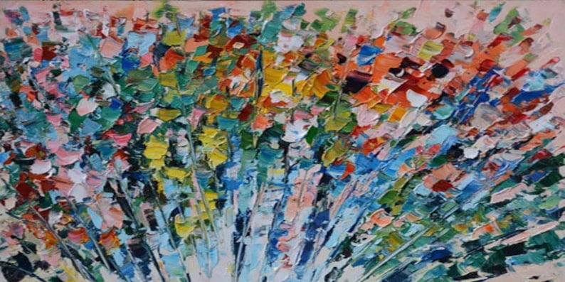 May include: Abstract painting of a bouquet of flowers in shades of blue, green, yellow, orange, pink, and red. The flowers are painted in a loose, expressive style, with thick brushstrokes and vibrant colors.