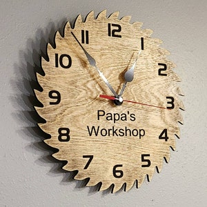 Saw blade Laser Engraved Rustic Clock, Fully customizable text, Gift for Dad, Gift for Him, Workshop, Shed, Garage, Fathers day gift.