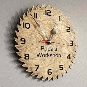 Saw blade Laser Engraved Rustic Clock, Fully customizable text, Gift for Dad, Gift for Him, Workshop, Shed, Garage.