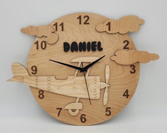Wood Nursery Airplane Wall Clock Personalized, Baby Room, Kids Room, Wall Hanging Unique