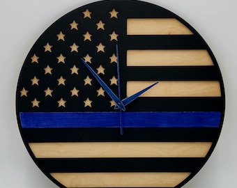 Police, Firefighter, Military Clock, Patriotic Gift for Him, Wood Flag, Made in the USA