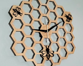 Honeycomb Bee Clock, Farmhouse  French Country, Bumble Bee, kitchen, dining room, Natural wood.