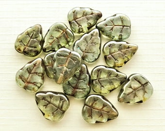 45 SMOKE TOPAZ birch Leaf 12X10 mm Czech pressed glass beads leaves