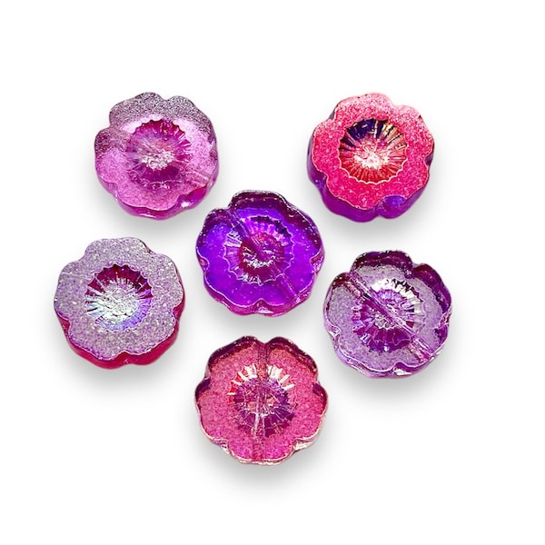 Hibiscus flower fuchsia pink beads table cut Czech glass 14mm 6pc {|#1|} zzz yyy iptv